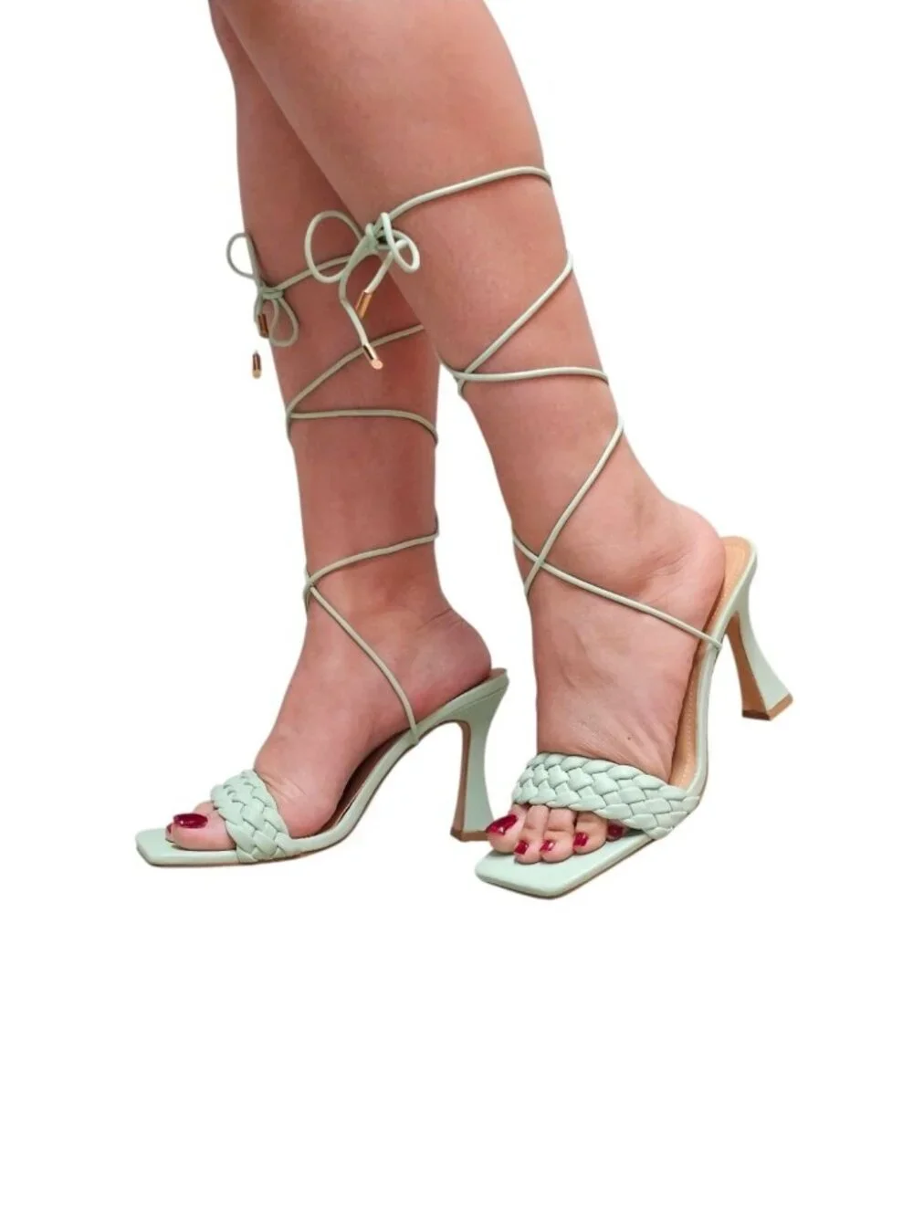 Strappy Mint Green Lace-Up Heeled Sandals With Braided Front Design Square Toe A